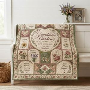 Grandma Garden Quilt Blanket, Personalized Grandmother Gift, Floral Grandma Blanket, Custom Family Keepsake Blanket, Garden Decor